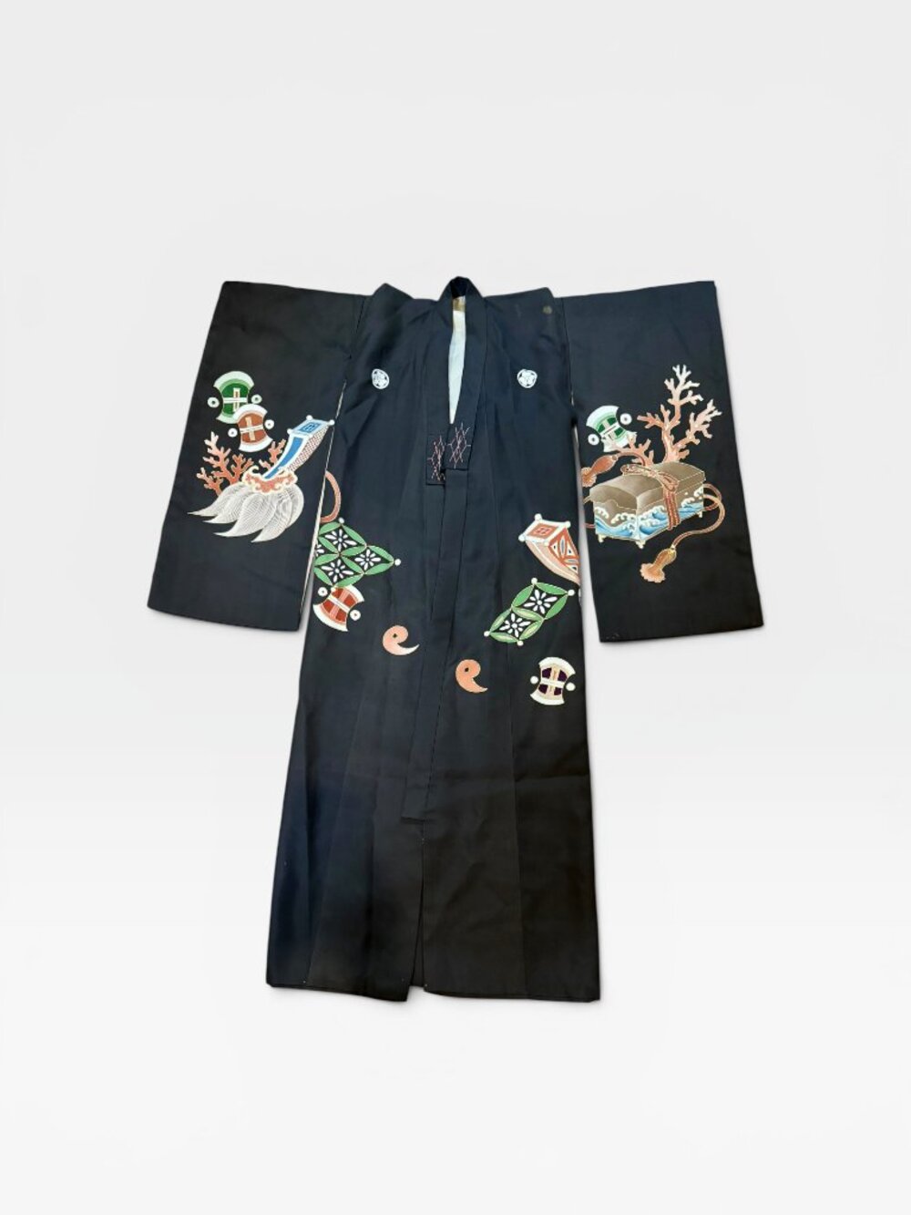 Hand Painted 100% Silk Japanese Boys Miyamairi Kimono - Vintage Takara-mon